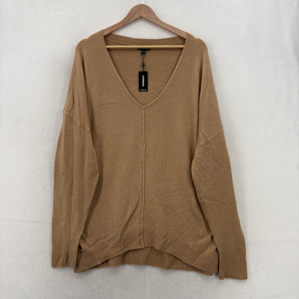 Express Sweater Womens Large Beige V Neck Relaxed Fit Long Sleeve Knit Pullover